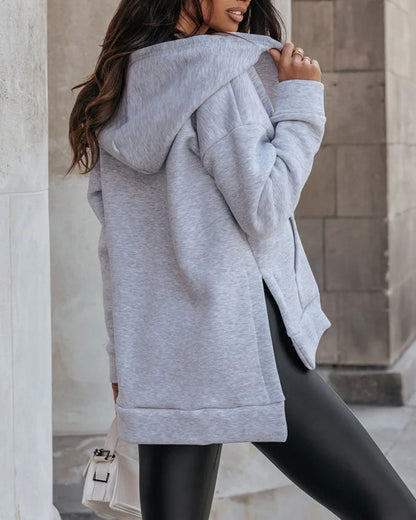 Side slit loose short hooded sweatshirt