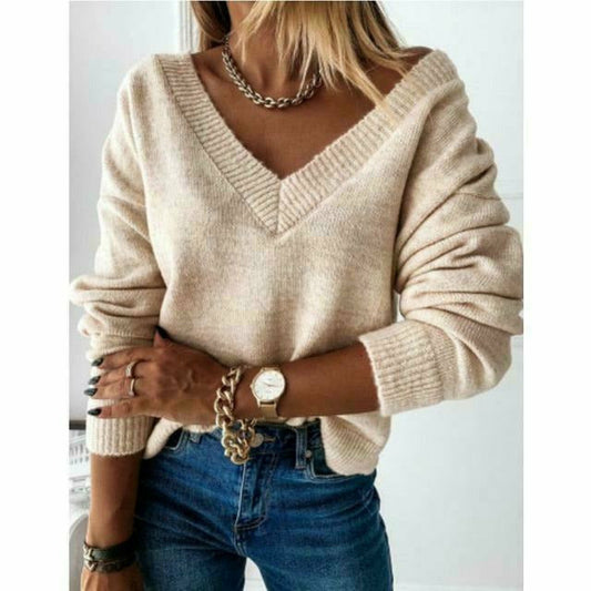 Eleganter Pullover Mit V-Ausschnitt Beige