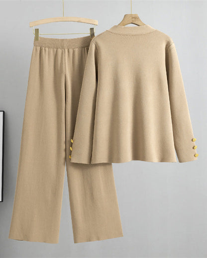 Chic gold large button knitted sweater and wide-leg pants two-piece suit