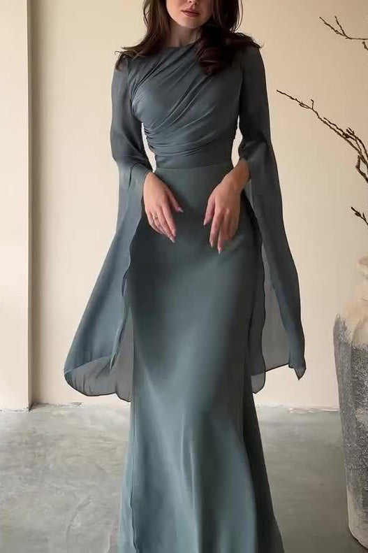 Mesh flared sleeves satin long slim dress