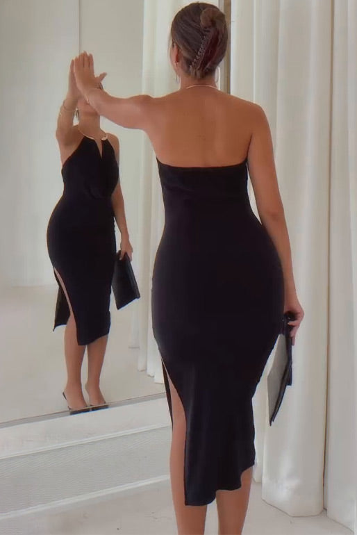 Solid color sleeveless round neck backless slit hip dress