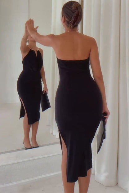 Solid color sleeveless round neck backless slit hip dress