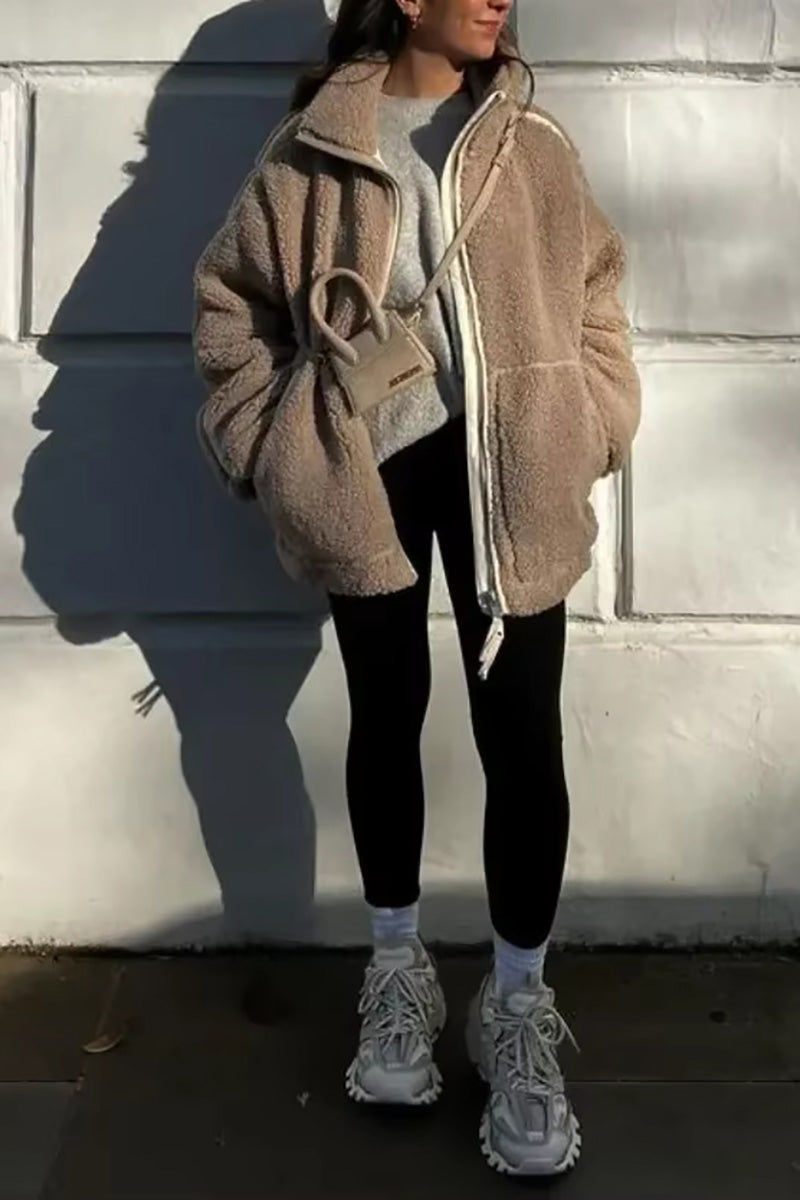 Loose stand-up collar double-ended zipper fleece cardigan jacket