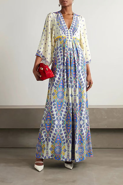 Bohemian Three-quarter sleeves printed V-neck Maxi dress