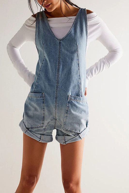 Washed distressed vest denim rompers