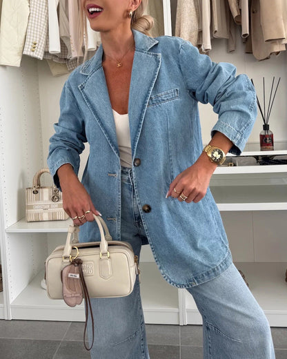 Casual Loose Washed Blue Denim Suit Jacket