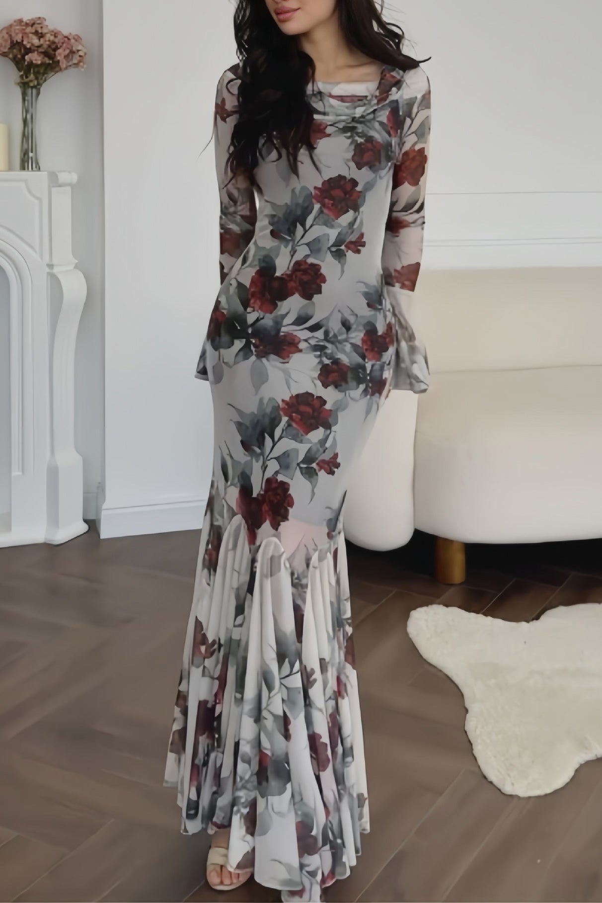 Romantic floral print long-sleeved maxi dress