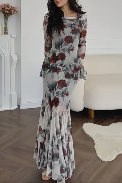 Romantic floral print long-sleeved maxi dress