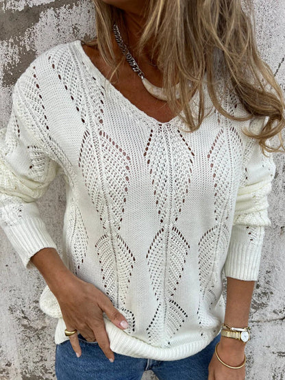 Reversible hollow leaf pattern V-neck long-sleeved knitted sweater