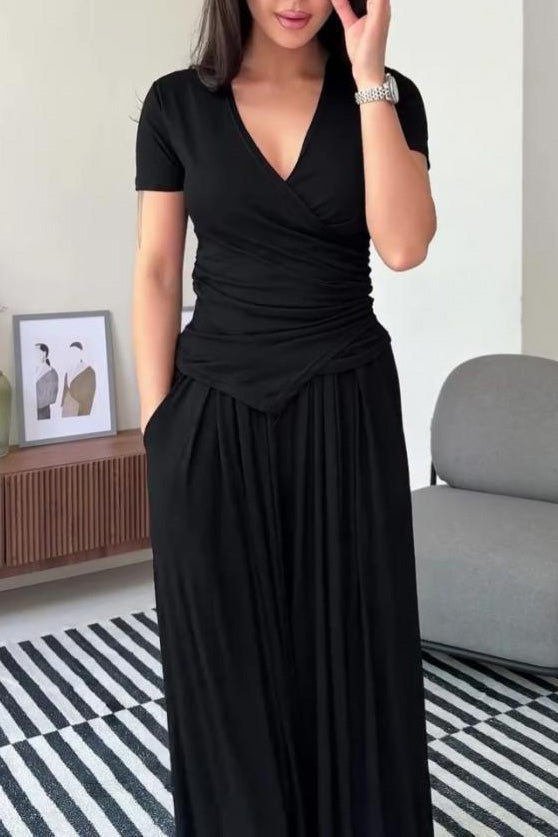 Tie-strap short-sleeved top and wide-leg pants two-piece suit