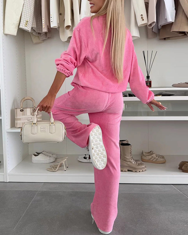 Button-down stand-up collar sweatshirt jacket and trousers Two-piece set