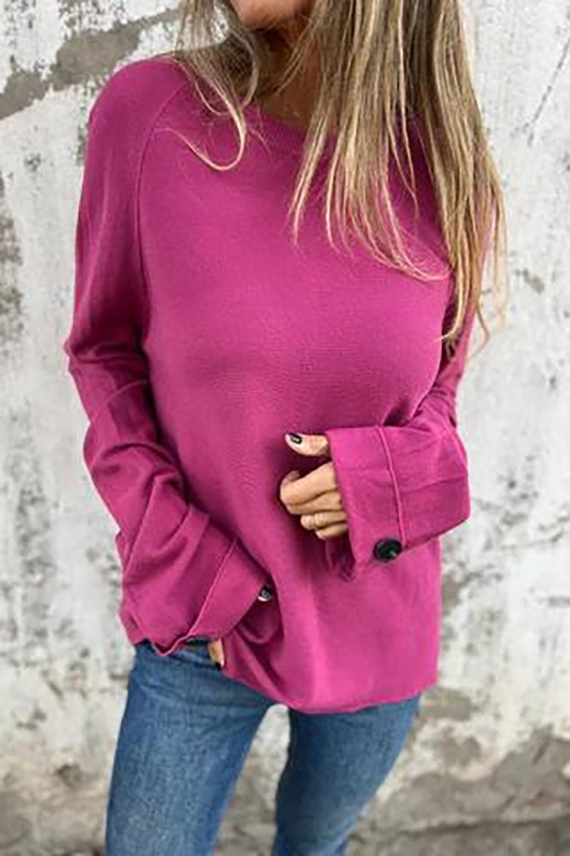 Loose solid color long-sleeved button cuffs top