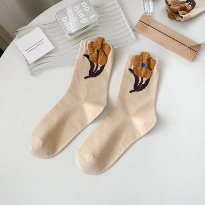 Lässige Blumen-Jacquard-Socken Beige