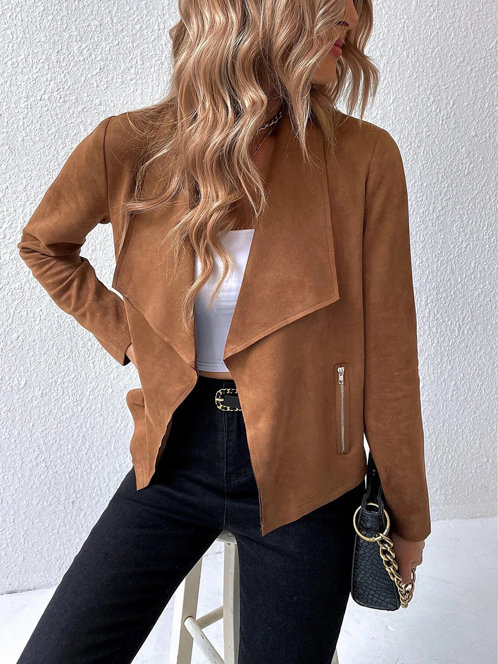 Suede Collar Solid Long Sleeve Cropped Jacket