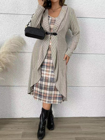 Long Knitted Jacket and Plaid Slip Dress Two-Piece Set