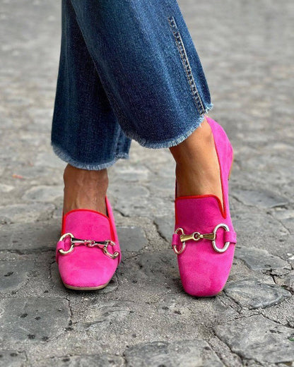 Soft suede metal buckle round toe loafers