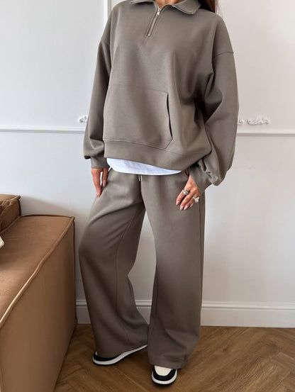 Zippered half-high collar pullover sweatshirt and wide-leg pants two-piece suit