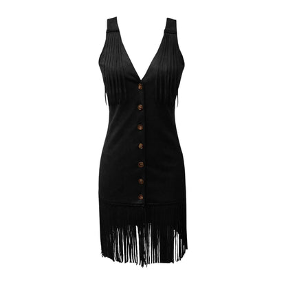 Fringe Suede Mini Dress with Buttons for Women - Clara
