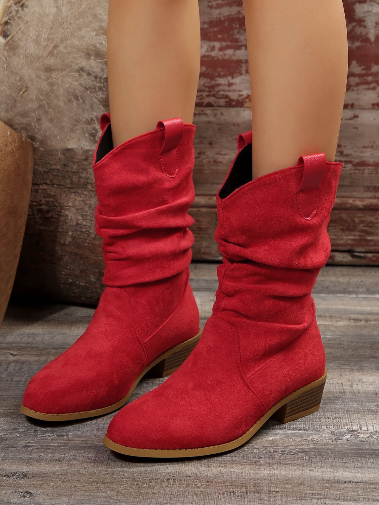 Red suede pointed toe mid-calf shoes