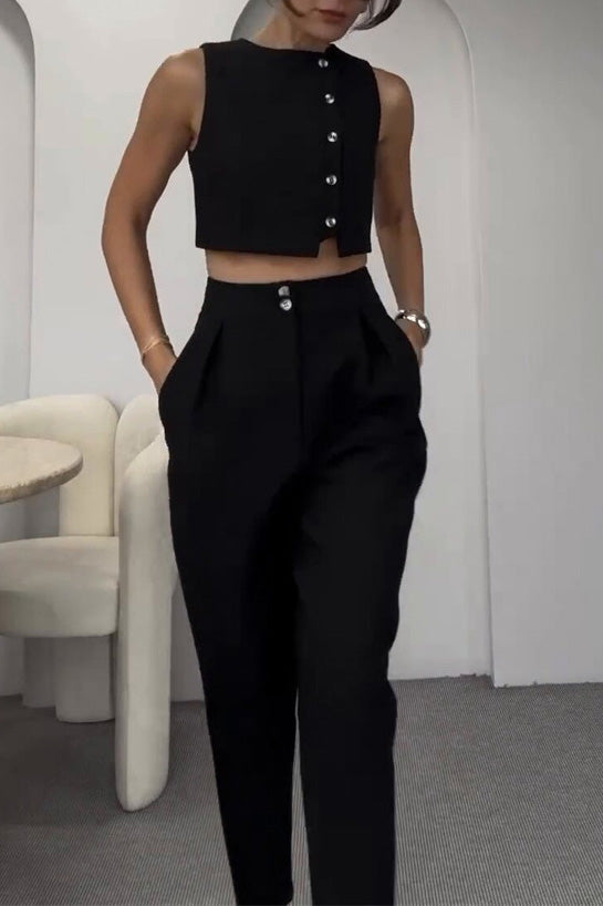 Sleeveless Button-Down Vest Top High-Waisted Cropped Pants Two-Piece Set