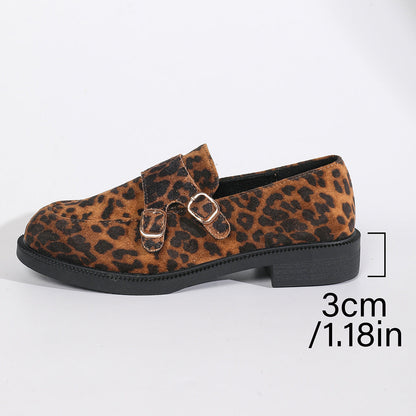 Buckled low-heeled British-style leopard-print loafers