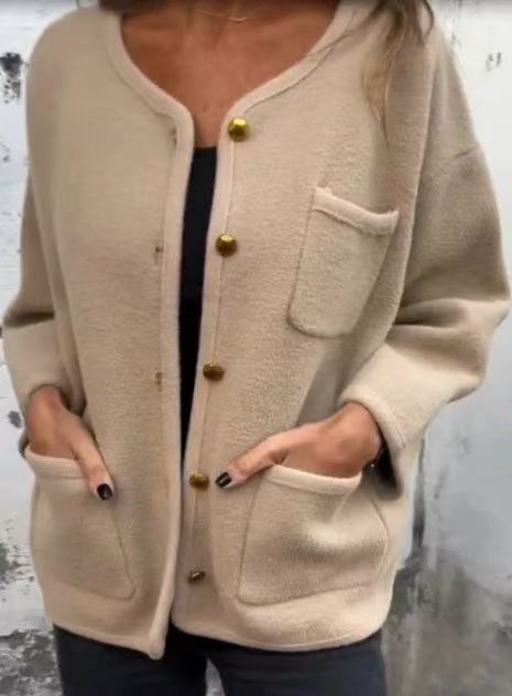 Simple and versatile round neck long-sleeved woolen coat