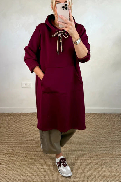 Kangaroo Pocket Loose Hooded Sweatshirt Midi Dress