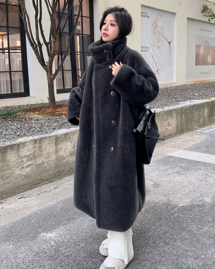 High stand-up collar double-breasted Faux Mink Fur Long Coat
