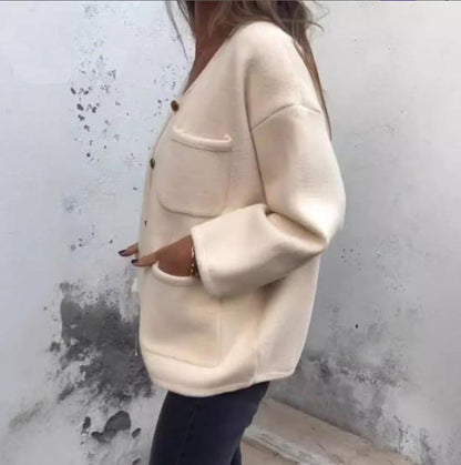 Simple and versatile round neck long-sleeved woolen coat