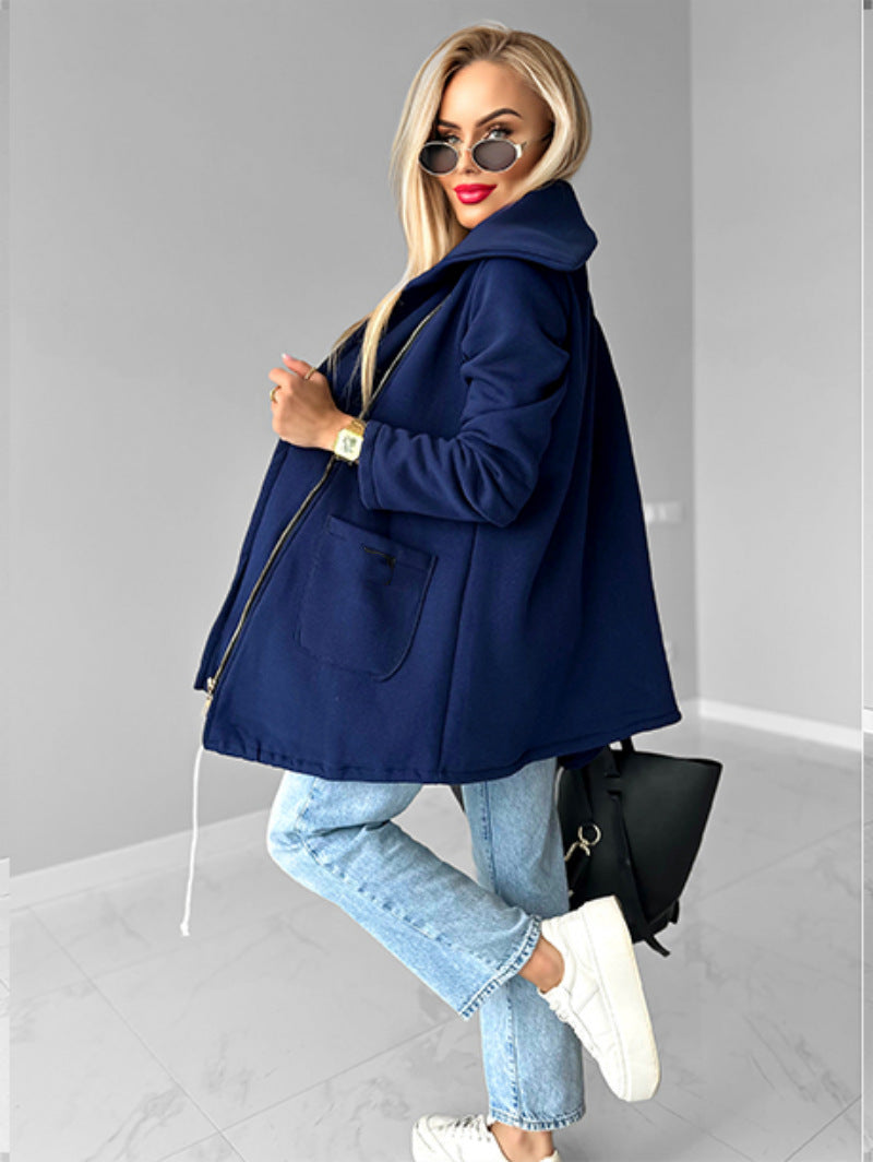 Oblique zipper Lapel Mid-length fleece sweatshirt jacket