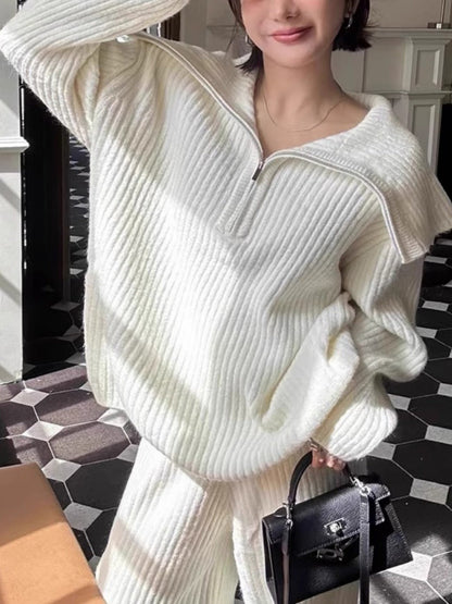 Loose-fitting large lapel half-zip knit sweater and wide-leg pants two-piece suit