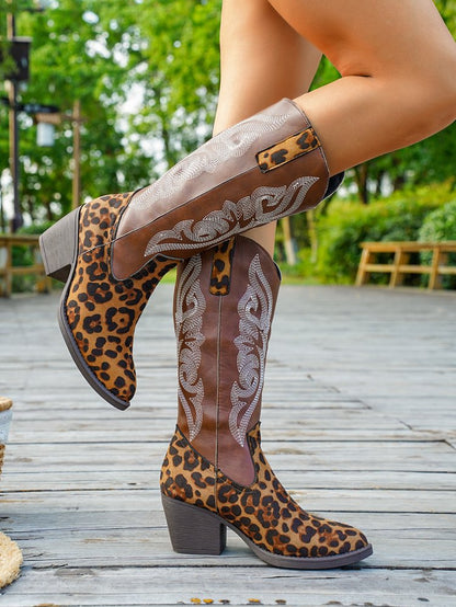 Leopard toe embroidered upper chunky heel boots