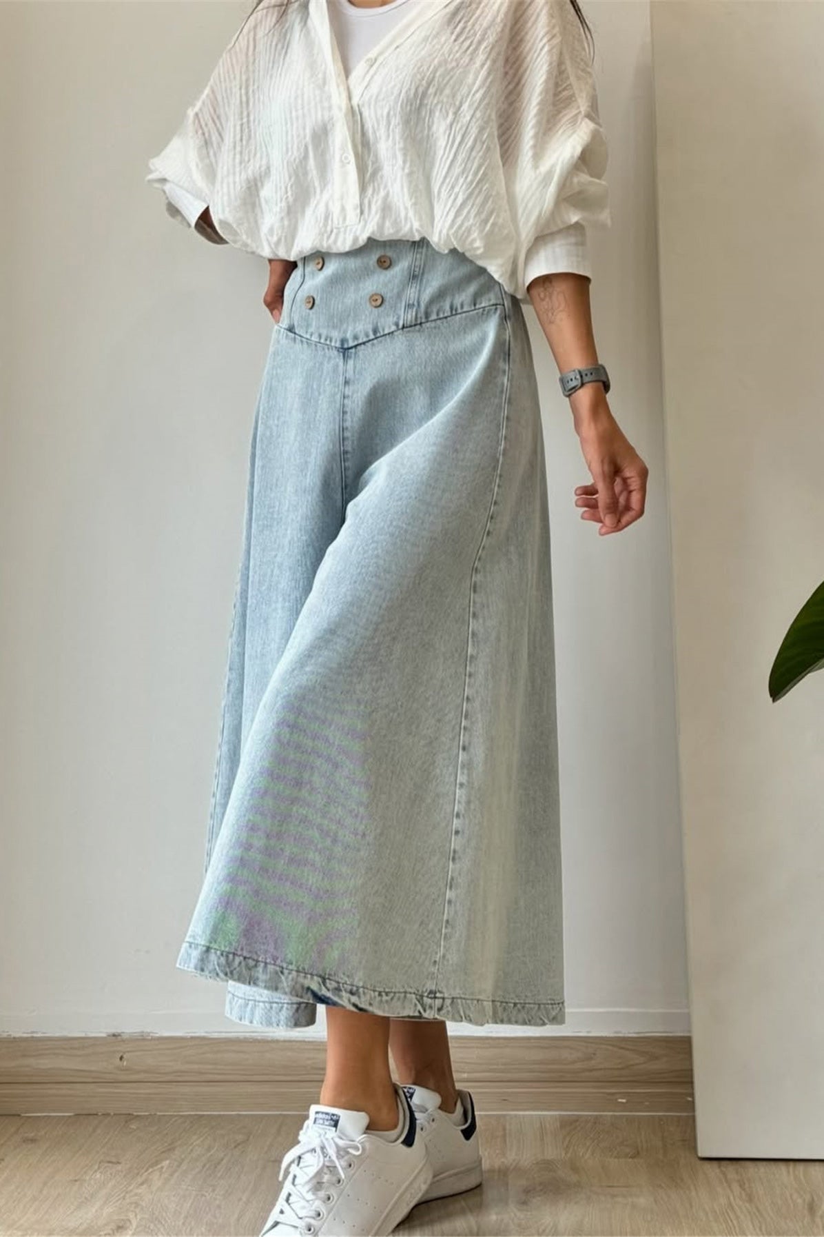 Elastic waist straight wide-leg cropped jeans