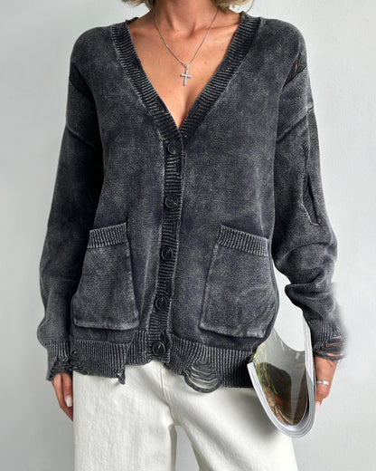 Cozy distressed deep V-neck single-breasted loose wool cardigan