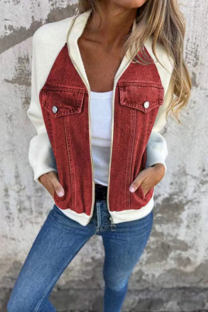 Zippered denim paneled sweatshirt jacket