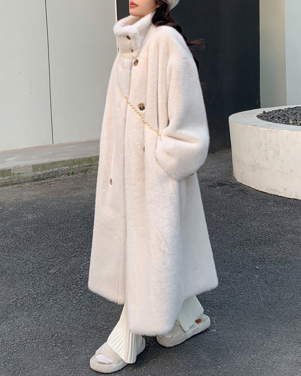High stand-up collar double-breasted Faux Mink Fur Long Coat