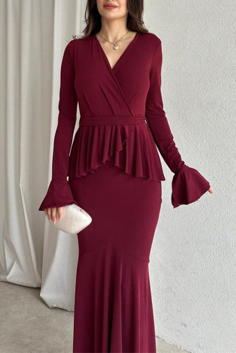 Solid color long-sleeved V-neck lace strappy hip Maxi dress