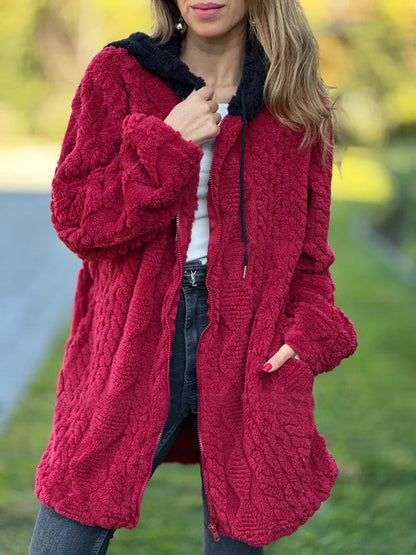 Mid-length vintage hooded fur zip-up knitted jacket