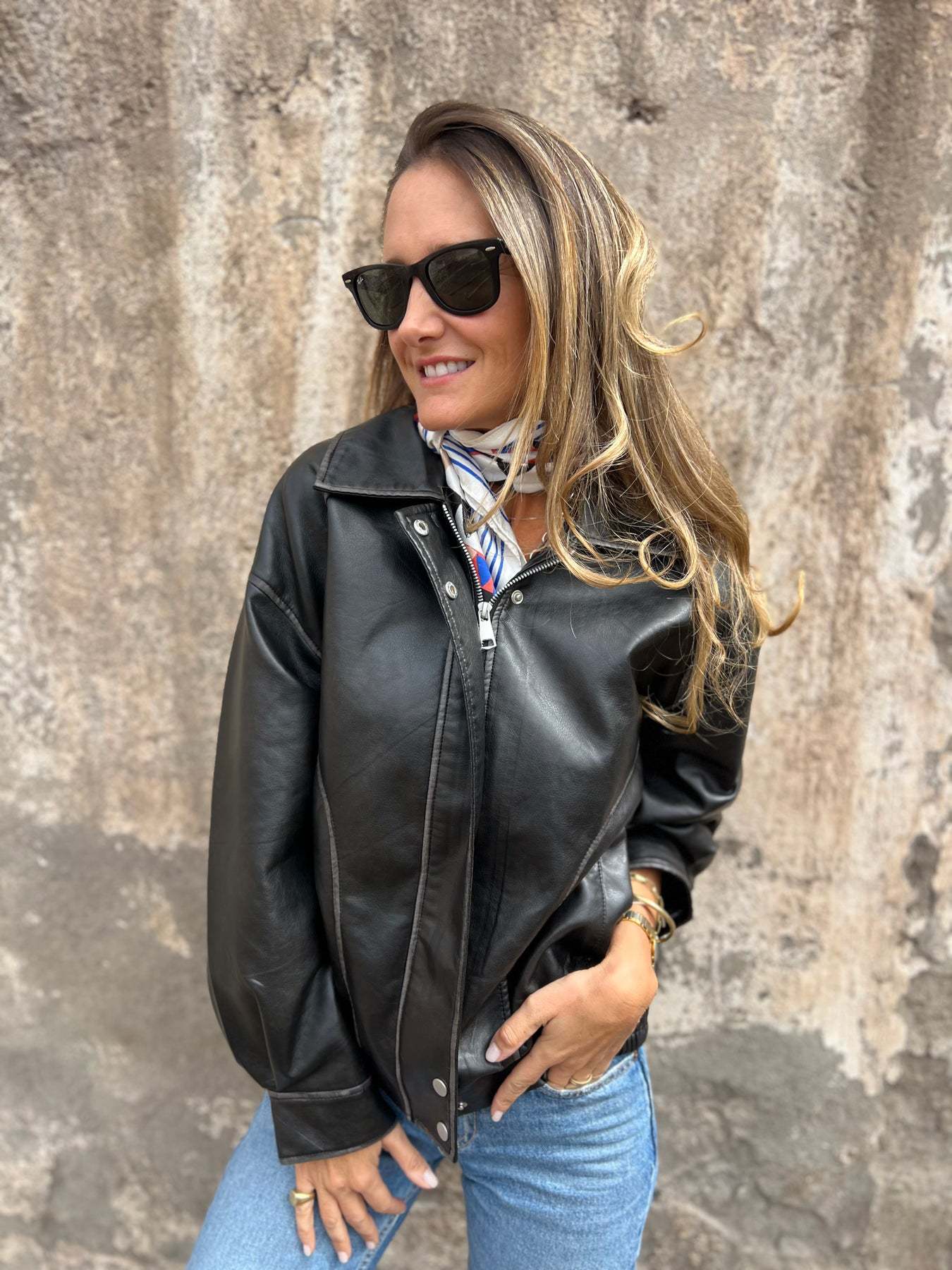 Retro loose PU motorcycle bomber jacket