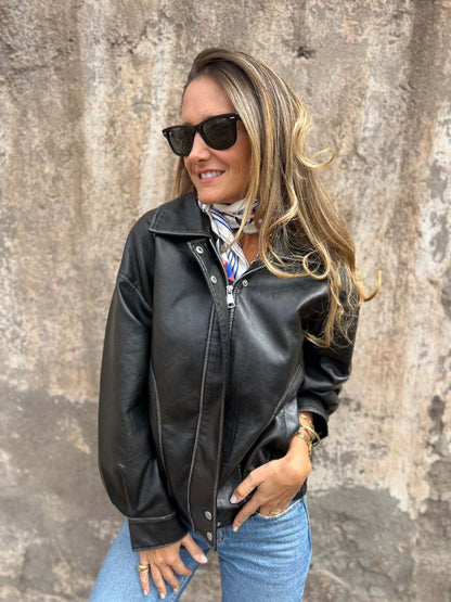 Retro loose PU motorcycle bomber jacket