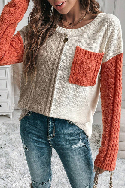 Cable Knit Color Stitching Chest Pocket Tops