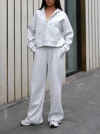 Zippered hooded sweatshirt and lace-up trousers two-piece set