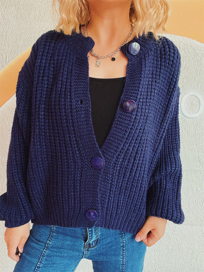 Large round button cropped knitted cardigan