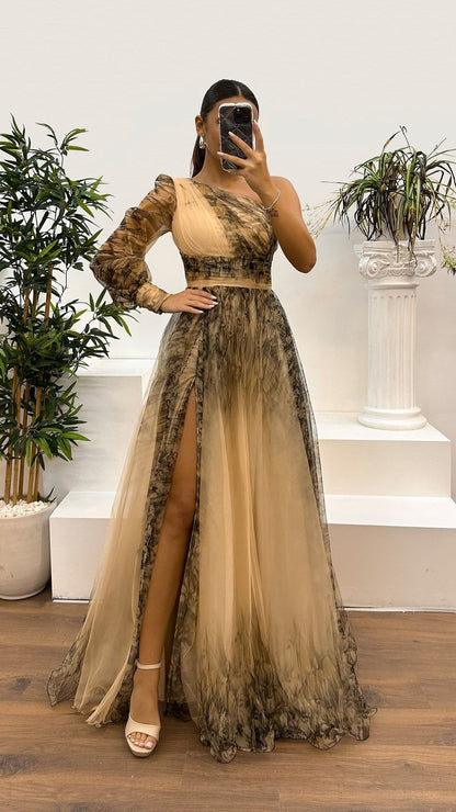 Floral design on the shoulder One-shoulder mesh print evening gown dress