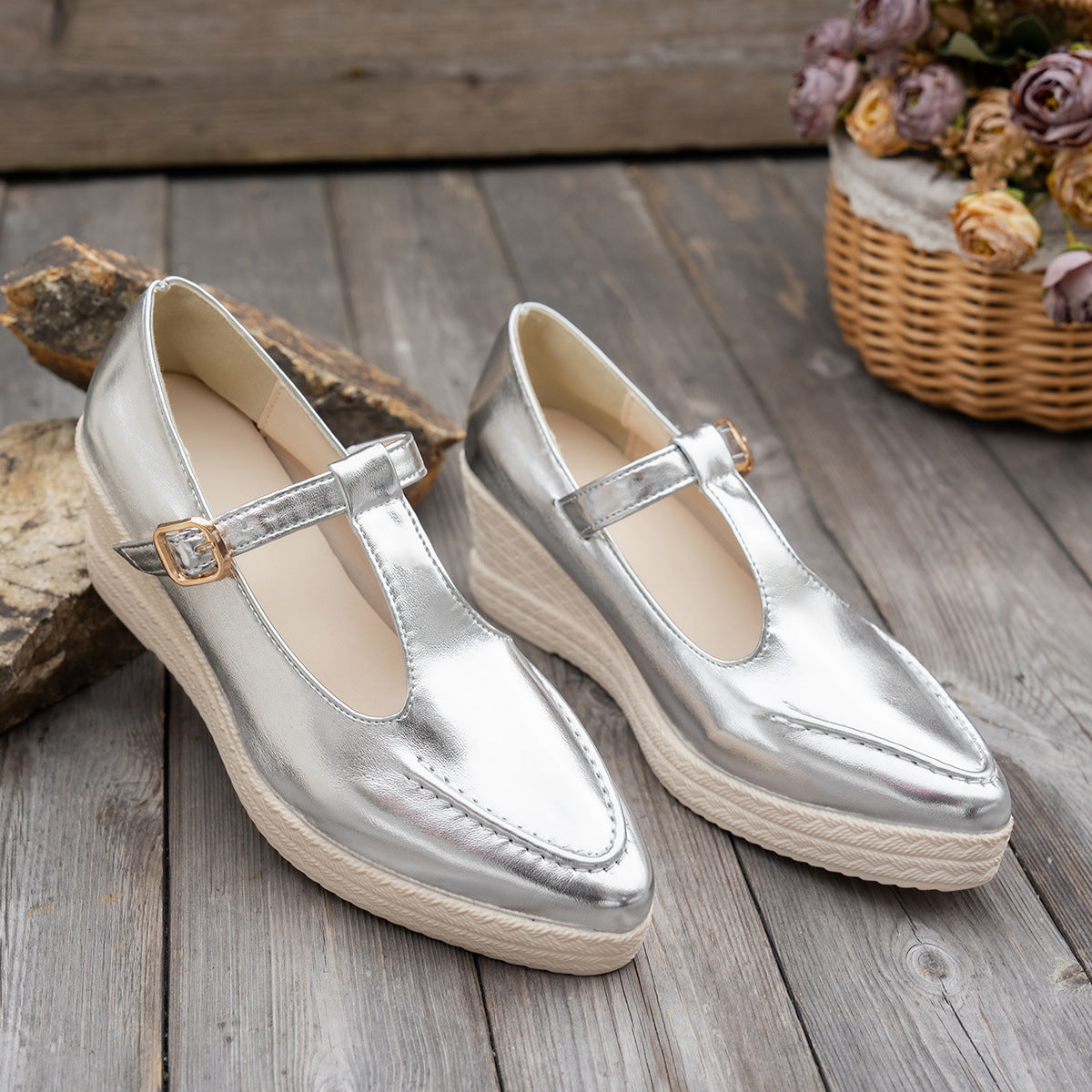 Metallic upper round toe T-strap wedge shoes
