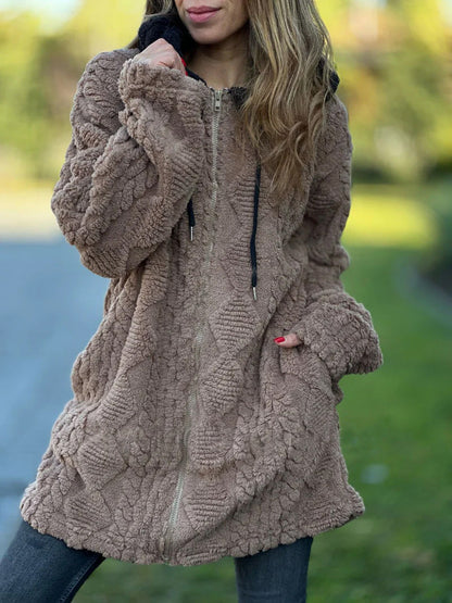 Mid-length vintage hooded fur zip-up knitted jacket