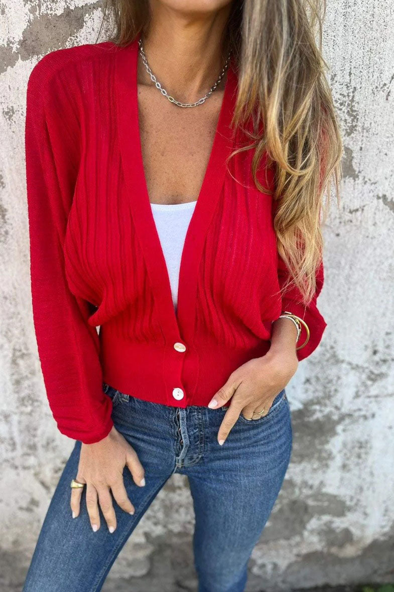 V-neck waist button-down loose-fitting sweater