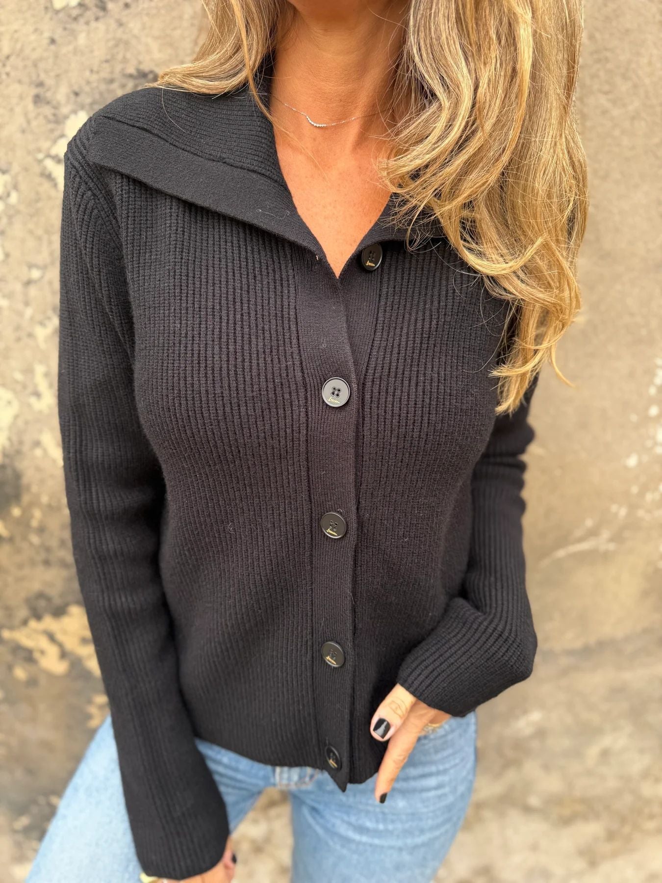 Loose Cropped Button Lapel Sweater Jacket