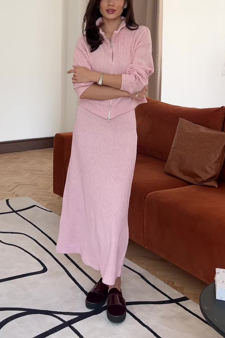 Zweiteiliges Set aus einfarbigem Strick-Revers-Reißverschlussoberteil und Maxirock