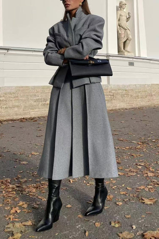 Lapel single-breasted slim-fit woolen suit jacket and skirt two-piece suit